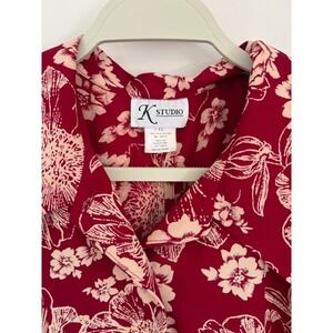 K Studio Vintage Womens Burgundy Red Cream Floral Short Sleeve Blouse Sz 18